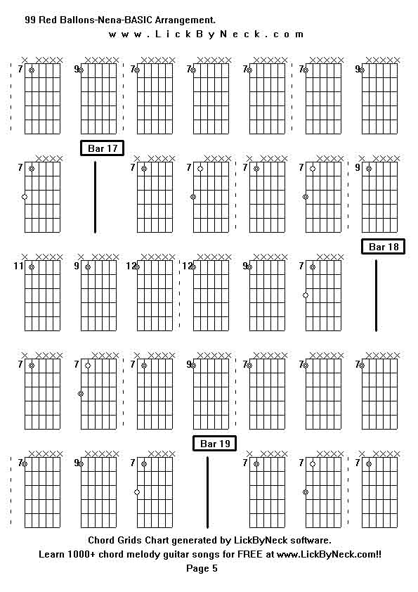 Chord Grids Chart of chord melody fingerstyle guitar song-99 Red Ballons-Nena-BASIC Arrangement,generated by LickByNeck software.